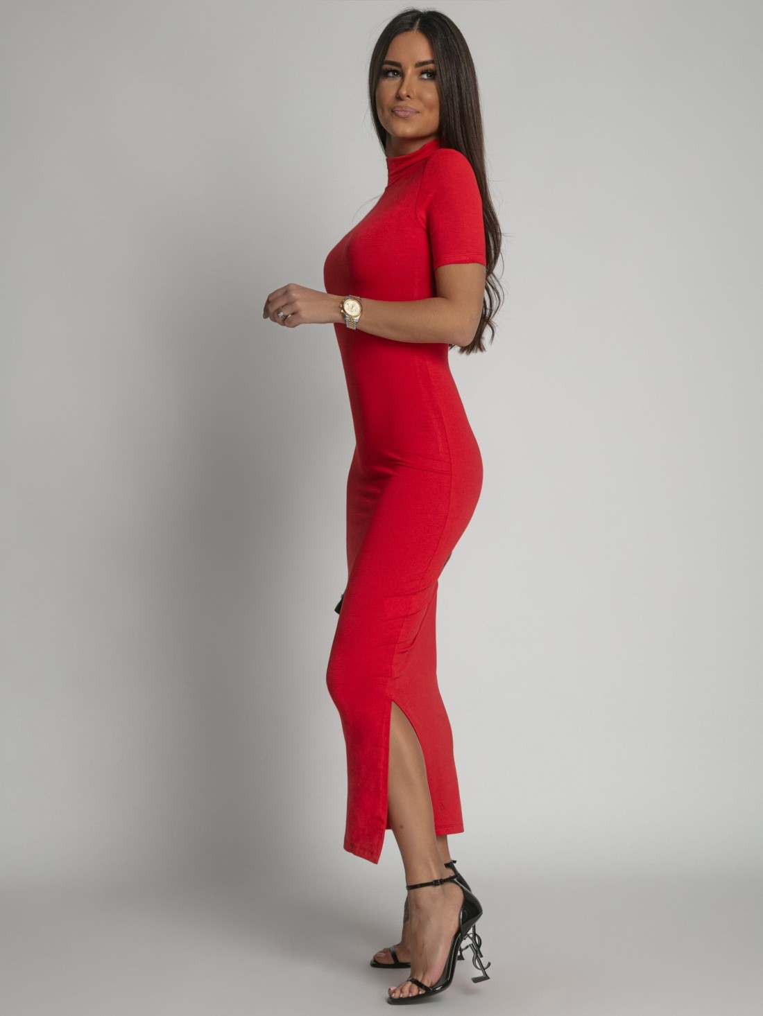 Rochie creion midi roșie cu guler FG674 - Magazin online - Boutique